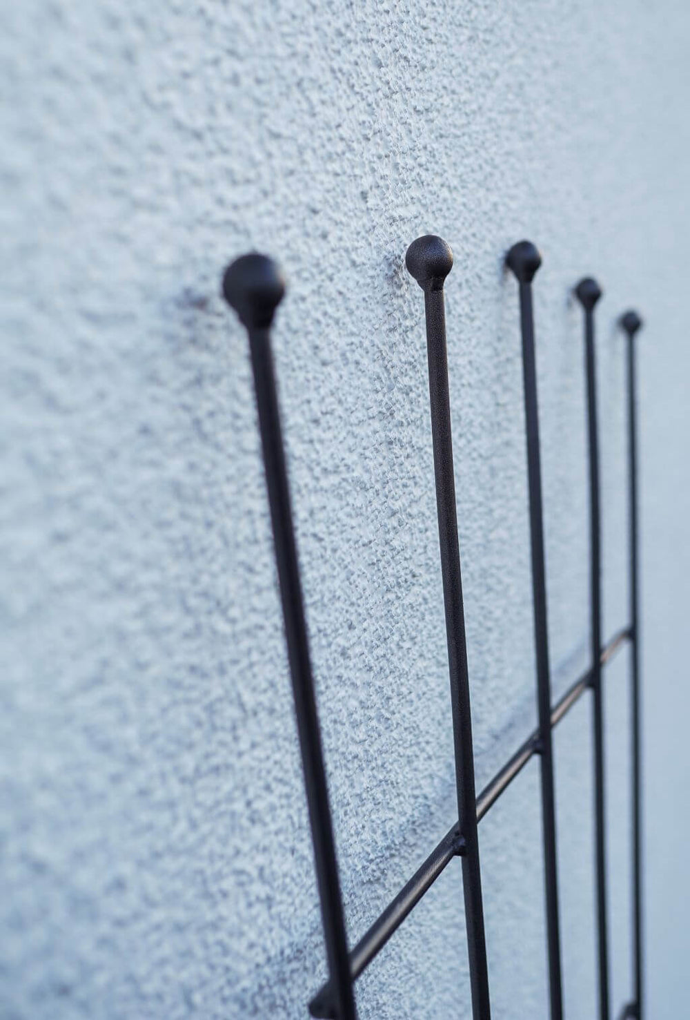 Rankgitter Brindisi in pulverbeschichtet Anthrazit aus der Nähe an einer Hauswand montiert Rankgitter Brindisi in pulverbeschichtet Anthrazit aus der Nähe an einer Hauswand montiert