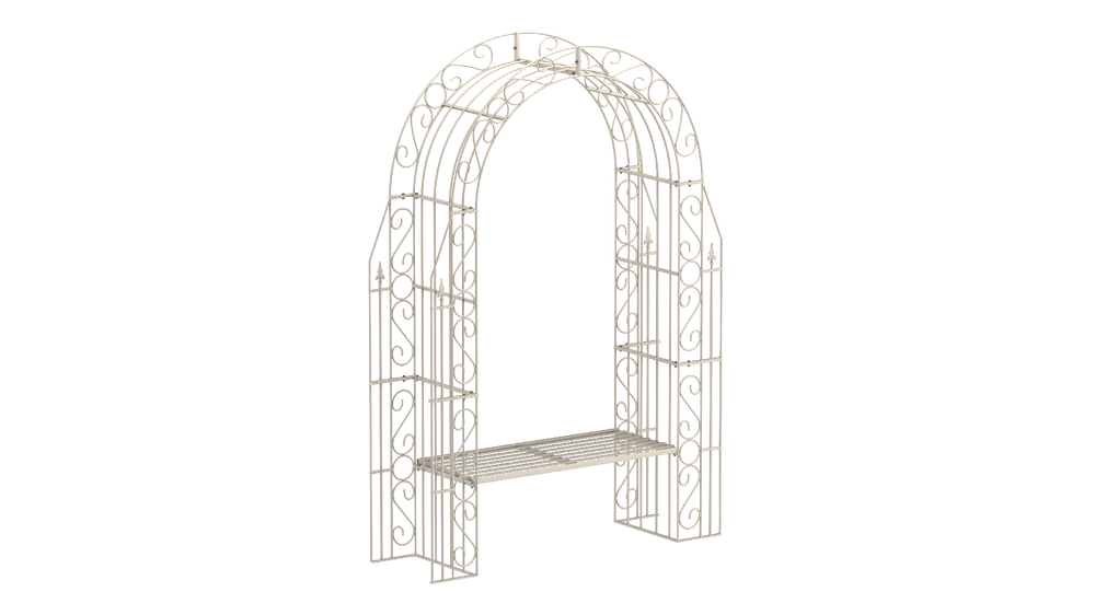 Rosenbogen Calabria mit Bank in pulverbeschichtet Sonderfarbe RAL 9001 Cremeweiß als 3D-Modell Rosenbogen Calabria mit Bank in pulverbeschichtet Sonderfarbe RAL 9001 Cremeweiß als 3D-Modell