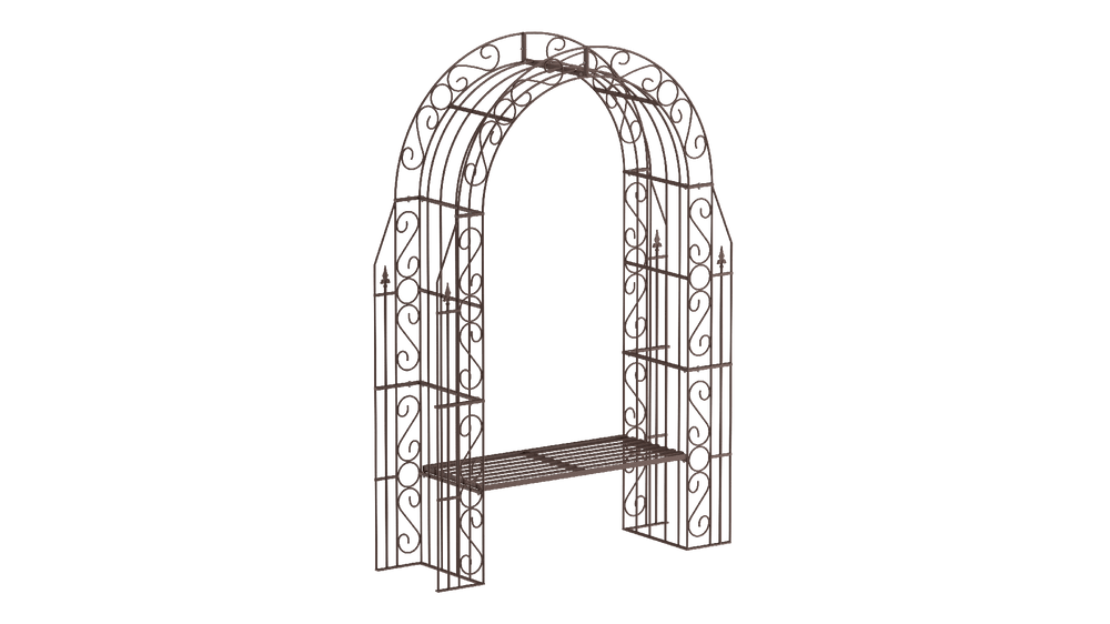 Rosenbogen Calabria mit Bank in pulverbeschichtet Sonderfarbe RAL 8017 Schokobraun als 3D-Modell Rosenbogen Calabria mit Bank in pulverbeschichtet Sonderfarbe RAL 8017 Schokobraun als 3D-Modell