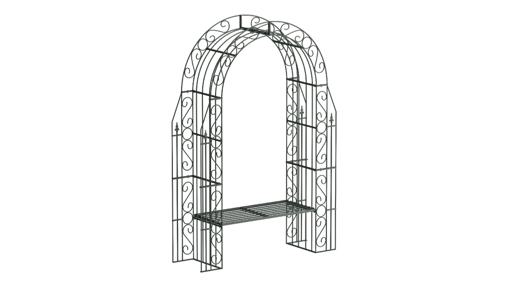 Rosenbogen Calabria mit Bank in pulverbeschichtet Sonderfarbe RAL 6009 Tannengrün als 3D-Modell Rosenbogen Calabria mit Bank in pulverbeschichtet Sonderfarbe RAL 6009 Tannengrün als 3D-Modell