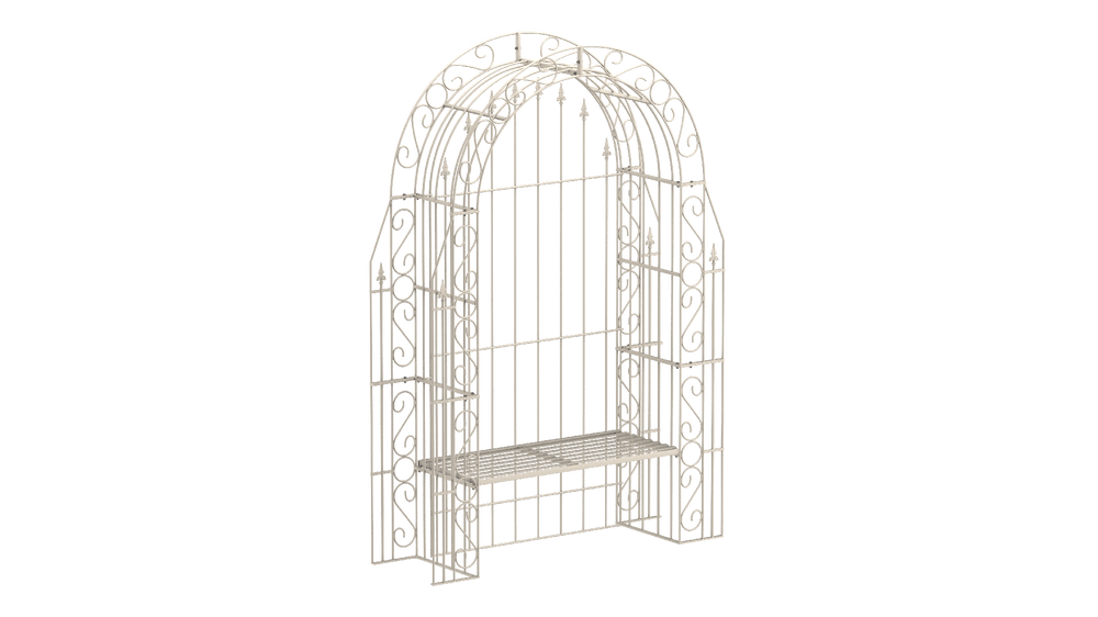 Rosenbogen Calabria mit Bank und Rückwand in pulverbeschichtet Sonderfarbe RAL 9001 Cremeweiß als 3D-Modell Rosenbogen Calabria mit Bank und Rückwand in pulverbeschichtet Sonderfarbe RAL 9001 Cremeweiß als 3D-Modell