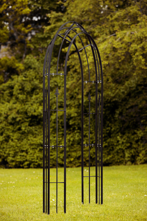 Rosenbogen Cosenza auf einer Wiese | Pulverbeschichtet Sonderfarbe RAL 9005 Tiefschwarz Rosenbogen Cosenza auf einer Wiese | Pulverbeschichtet Sonderfarbe RAL 9005 Tiefschwarz