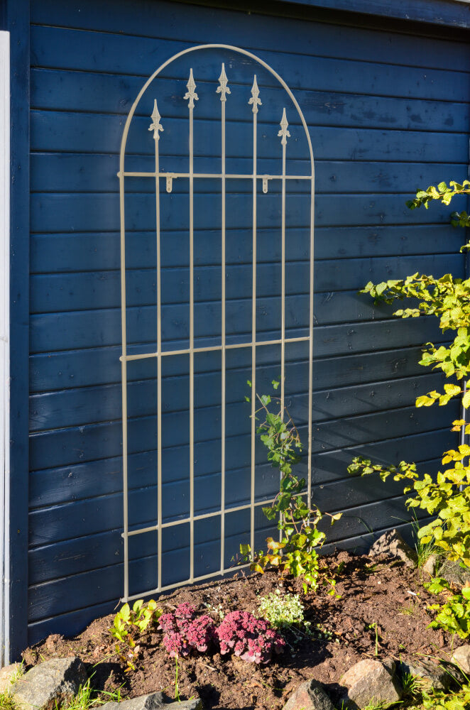 Wandgitter Edera in pulverbeschichtet Sonderfarbe RAL 9001 Cremeweiß an einer blauen Hauswand mit bepflanztem Beet Wandgitter Edera in pulverbeschichtet Sonderfarbe RAL 9001 Cremeweiß an einer blauen Hauswand mit bepflanztem Beet