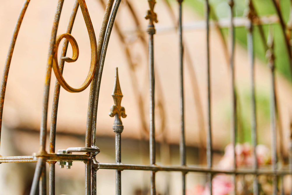 Rosenbogen Calabria mit Rückwand in Rostoptik Detailansicht Rückwand mit Kreuzlilien und Rosenbogen mit S-Formen Rosenbogen Calabria mit Rückwand in Rostoptik Detailansicht Rückwand mit Kreuzlilien und Rosenbogen mit S-Formen