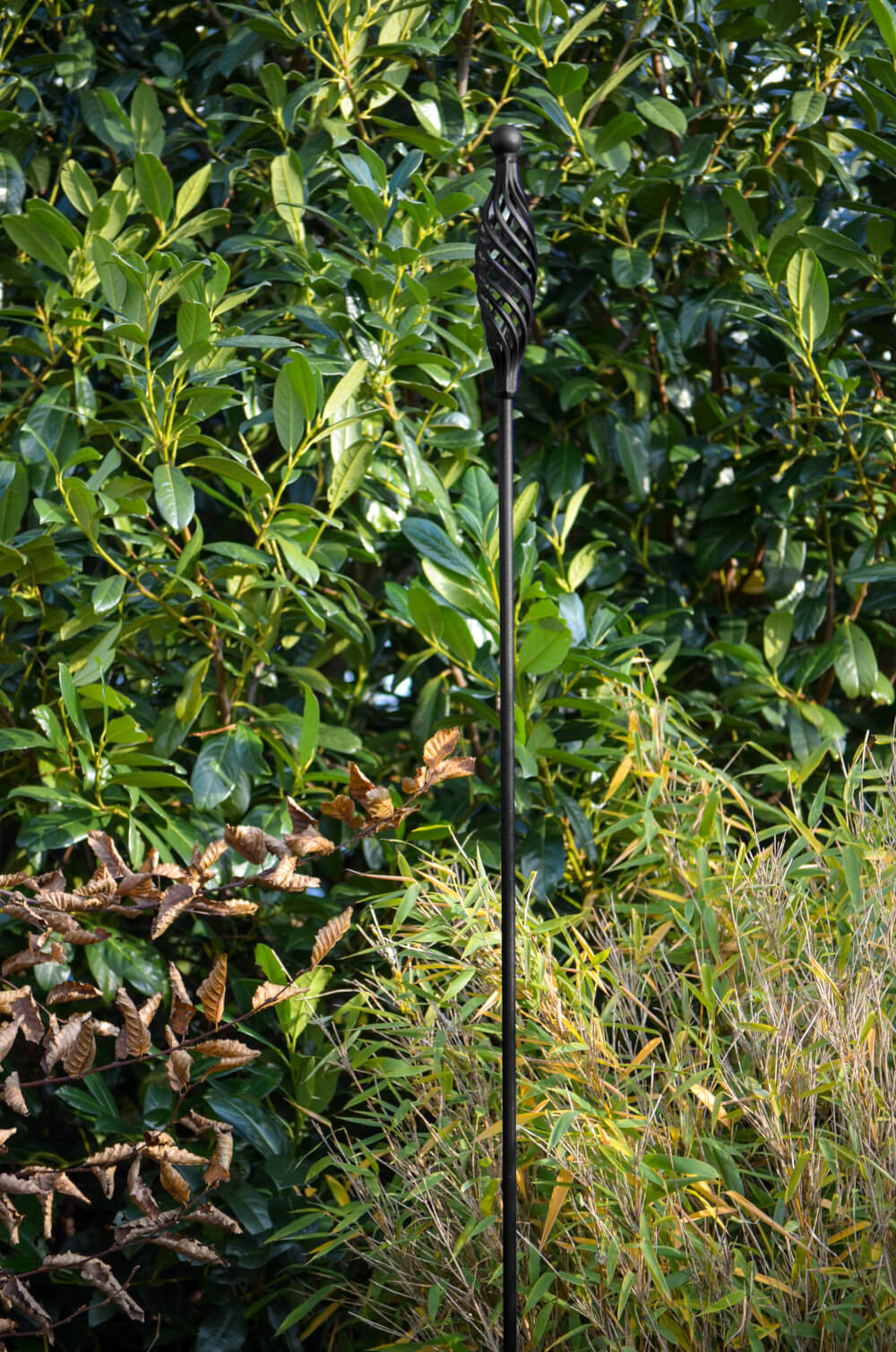 Rankstab Vicenza in pulverbeschichtet Sonderfarbe RAL 9005 Tiefschwarz aus der Nähe zwischen Pflanzen 